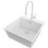 PRIMAGRAN Lavandino da Cucina al Mobile 50cm + Rubinetto, 48x50cm | Set: Rubinetto BW6020 + Kit di scarico + Lavello in Granito a 1 Vasca - Riga, Tutto Bianco