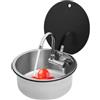 YUYUZI Lavello per camper 34cm in acciaio inossidabile 304 - Lavello da campeggio rotondo con rubinetto pieghevole e copertura in vetro temperato, set completo con scarico, per roulotte, yacht e barche