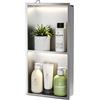 Bernkot Nicchia doccia a parete in acciaio inox con LED, mensola da incasso a incasso, a doppio strato, 60 cm x 30 cm, non necessita di piastrelle, argento