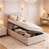 LieABak Letto singolo imbottito 90 x 200 cm con cassetta, letto idraulico con rete a doghe, letto a molle con vano portaoggetti, letto per ragazzi con testiera regolabile, beige, lino