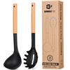 BUNDLEPRO Set di forchetta e mestolo in silicone con manico in legno, resistenti al calore, antiaderenti, utensili da cucina per cucinare, mescolare, servire spaghetti, zuppe, salse (nero)