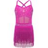 RUNQHUI Ragazza Abito da Danza Latina Stringato Strass Body Danza Jazz Rumba Chacha Costume Spettacolo Conetizione, rosa acceso, 13-14 Anni