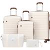 Travelhouse Ascona - Set di 5 bagagli, valigetta con ruote, policarbonato + custodia rigida ABS, borsa da viaggio e beauty case, set di bagagli a mano, Panna/Bianco, 75 cm x 47 cm x 29 cm, Set di