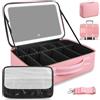 JADAZROR 38x28CM Borsa per il trucco di grande capacità con specchio LED, custodia per il trucco professionale con luci a 3 colori, borsa per il trucco da viaggio con divisori staccabili e tracolla(Rosa)