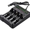 Powmok Caricabatterie 18650 a 4 alloggiamenti, caricatore 18650, caricatore rapido da 2 A, per batterie ricaricabili da 3,7 V, 18650, 17670, 16340, 14500, 10440 (non incluse batterie)