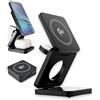 QUEXE Caricatore Wireless 3 in 1 Pieghevole e Compatto certificato Qi2 - Stazione Ricarica compatibile MagSafe per iPhone, Apple Watch ed Air Pods - Versione PRO in Alluminio - Nero.