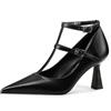 QUEEN HELENA Décolleté T-Bar a Punta Chiusa Scarpe Basse Eleganti Donna K3419 (Nero Pu, Sistema Taglie Calzature EU, Adulto, Donna, Numero, Media, 36)