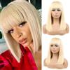 Huarisi 613 Straight Bob Wigs Human Hair with Bangs 12 Inch Short Blonde Wig None Lace 8a Grade Brazilian Virgin Hair for Women Machine Made 150 Density Can be Trimed