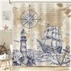 hometrixx Retrò Nautico Tenda Doccia 180x200 cm Ancora Bussola Faro Barca a Vela Onde del Mare o Poliestere Impermeabile Tenda Vasca da Bagno con 12 Ganci Lavabile in Lavatrice per Casa Hotel