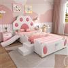 Rvjiahe Letto imbottito, letto singolo, lettino, testiera a forma di una zampa di gatto, con uno scivolo per bambini e una scala a due livelli, superficie in poliuretano, bianco e rosa, 90 x 200 cm