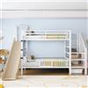 Idemon Letto a soppalco in metallo per bambini con scivolo e scala di archiviazione, 90 x 200 cm, struttura per letto a castello con porta di protezione, ripiani integrati, lettino salvaspazio per camera di