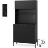RELAX4LIFE Credenza Alta da Cucina 164 cm con Prese di Corrente, Portabottiglie, Ante e Ripiano Regolabile, per Sala da Pranzo, Soggiorno, Caffè e Bar (NERO)