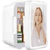 YASHE Mini Frigo per Camera, Frigo Skincare con Specchio LED, Piccolo Frigo da 4 L portatile, Termoelettrico, Riscaldatore e Raffreddatore 220V AC / 12V DC per Auto, Ufficio, Dormitorio (bianco)