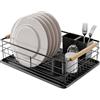 Amig - Scolapiatti Graz - 42 x 31,5 x 15 cm - Acciaio con Manico in Legno - Colore Nero - Scolapiatti con Vassoio di Sgocciolamento e Supporto per Posate - Capacità per 10 Piatti e 6 Bicchieri