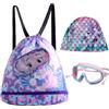 SYTTNUM Rosa Viola Sirena Cartone Animato Sacca Sportiva Per Bambini Impermeabile,Occhialini Da Nuoto Per Bambini,Clip Per Naso Da Nuoto Tappo Auricolare,Cuffie Piscina Bambina,Capelli Lunghi e Corti (3PCS)