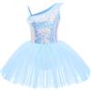 IWEMEK Tutu Tutu Abito da balletto senza maniche con volant una spalla Ginnastica Un pezzo per bambini Abbigliamento da ballo Gonna a canotta Pattinaggio Ballerina Performance Costume, Blu, 9-10 Anni
