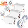 NONE Caricatore USB C a 4 porte da 120 W PD3.0 Stazione di ricarica rapida Cavo dati Adattatore da muro per iPhone Samsung Xiaomi Redmi Huawei Spina UE USA