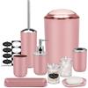 IMAVO Set di accessori da bagno - Set di 8 accessori da bagno rosa con bidone della spazzatura, dispenser di sapone, portasapone, portaspazzolino, tazza per spazzolino da denti, porta scopino per WC,