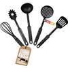 STONELINE Set di 5 utensili da cucina in nylon con pratico supporto, resistenti al calore per padelle e pentole antiaderenti, accessori da cucina igienici con ripiano integrato, nero