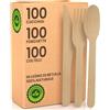 Baciato Caffè Set Posate Ecologiche in Legno di Betulla 100 Forchette + 100 Coltelli + 100 Cucchiai - Monouso 100% Naturali Biodegradabili e Compostabili Usa e Getta
