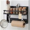 Ribech Porta Spezie con Supporto Carta - Scaffale a Parete in Acciaio Inox Magnetico & senza Forare, con 4 Ganci per Cucina & Bagno, Nero