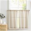 TOPICK Tende in lino a righe semitrasparenti da bistrò, per piccole finestre, cucina, bagno, soggiorno, set da 2 pezzi, 65 x 60 cm, marrone su beige