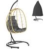 Outsunny Poltrona Sospesa 150kg max con Cesto Pieghevole e Cuscini, Poltrona a Dondolo da Giardino in Acciaio e Rattan PE, 102x102x195 cm, Nera Grigia e Beige