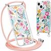 Yirlbey Cordino Cover per iPhone 14 / iPhone 13 6,1'', Aesthetic Colorato Fiori Motivo Disegno Magnetica Trasparente PC Compatibile con MagSafe Case Corda Laccio Antiurto Protettiva Ragazze Custodia
