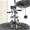 tectake® Albero Tiragraffi per Gatti, con 2 Casette, 3 Piattaforme, Altezza Regolabile 243-260 cm, Barre in Sisal 8 cm di Diametro, Ideale per Gioco e Riposo - Grigio