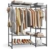 SONGMICS Stand Appendiabiti, Guardaroba Aperto, Armadio con 7 Ripiani, 2 Aste Appendiabiti, 4 Ganci a S, Metallo, per Camera da Letto Soggiorno Ingresso, Nero LGR010BZ01