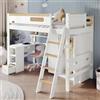 Lexiou Letto a castello, letto per bambini, con griglia anticaduta, con tavolo e armadio, ripiano aperto, ampio spazio di archiviazione, con scala a quattro livelli, pino+MDF+compensato, bianco+naturale, 90