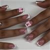 Tastetreasure 24 Pezzi Breve Quadrato French Bow Press on Chiodi, Rosa French Tip Unghie Artificiali con Strass Gel Gelatina & Lima per Unghie Da Donna