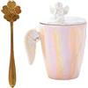 CAPIJIONG Tazza creativa in ceramica da 250 ml/8,5 once con ali d'angelo per coppie con coperchio ufficio latte caffè tazza - angelo rosa - ali bianche + cucchiaio