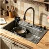 OMGMTSTORE - Lavello da cucina a cascata con portacoltelli, 80 x 45 cm, nero grigio in acciaio inox, con display digitale, troppopieno, sifone, scarico, ricambio per lavello interno, tagliere