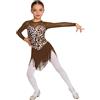 Linyuir Bambina Abito Latino con Gettone Gonna Maniche Lunghe Stampa Leopardo Leotard Patchwork in Maglia Body Danza Abito Pattinaggio Artistico Abiti Ballo Swing Marrone 9-10 Anni