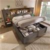 HOXINBLY Letto Matrimoniale con Contenitore 180x200 cm LED e USB C, Letto una piazza e mezza con 2 Comodini Integrati e Testiera, Letto contenitore con rete a doghe, Struttura Letto in Lino, Grigio