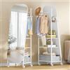 Hzuaneri Specchi da Terra, Specchio da trucco con Appendiabiti, 160 x 50 cm, Ruote Girevoli a 360°, Large mirror con Contenitore e Ganci, Adatto per Camera da Letto, Guardaroba, Soggiorno, Bianco