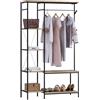 eSituro Stand Appendiabiti con Panca, Porta Abiti da Camera 3 in 1 con 4 Ripiani, 4 Ganci, 1 Asta Appendiabiti, per Corridoio, Ufficio, Camera da Letto, 100x40x175cm, Rovere Chiaro+Nero