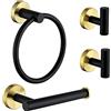 Ntipox Il set di accessori da bagno in acciaio inossidabile nero opaco e oro spazzolato include un porta asciugamano ad anello, un porta carta igienica e 2 ganci per accappatoio, kit di accessori da