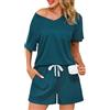 Lovasy Pigiama Cotone Donna Corta Set Pigiami a Nido d'Ape con Scollo a V Manica Corta Chic Estivo 2 Pezzi Indumenti da Notte Leggero con Tasche,A-Blu Pavone,XXL