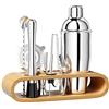 Newpop 750 ML shaker, 10 pezzi cocktail set Acciaio Inox con Supporto Legno,professionale barman set, con Colino, Jigger, Cucchiaio, Versatore, per Miscelare Bevande, Casa, Bar, Feste (Argento)