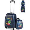 SOARS Set di Valigia 16'' + Zaino 12'' per Bambini 2 Pezzi, Bagagli 2-in-1 con Zainetto da Viaggio Aereo, Trolley con Maniglia Telescopica e 4 Ruote a 360° (Nero Dino-Space)
