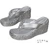 HESYSUAN Sandali infradito da donna estivi con paillettes con zeppa e plateau, alla moda, punta quadrata, infradito da spiaggia, Argento, 36 EU
