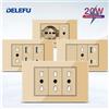DELEFU Presa a Muro in Vetro Temperato Oro con USB Type-C per Ricarica Rapida, Interruttore Schuko, TV Sat, Telefono, Campanello - Italia/Cile