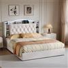 BSMGSGN Letto Matrimoniale 140x190 cm con Contenitore Idraulico, Testiera Portaoggetti, LED, Ricarica Wireless e USB, Struttura Imbottita in Velluto Beige, Rete a Doghe, Senza Materasso