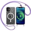 Yoedge Trasparente Glitter Cover Magnetica con Cordino per Apple iPhone 11 6,1, Custodia Bling Brilla Laccio Tracolla Compatibile con MagSafe Magnetico Ricarica Wireless Case per iPhone 11, Viola