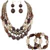BOCAR Set Gioielli Chunky Statement a 3 Strati, Collana, Orecchini e Bracciale con Perline in Acrilico e Legno, Stile Boemo per Donna (NK-10625-Brown+er+br)