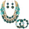 BOCAR Set Gioielli Chunky Statement a 3 Strati, Collana, Orecchini e Bracciale con Perline in Acrilico e Legno, Stile Boemo per Donna (NK-10625-Teal+er+br)