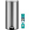 SONGMICS Pattumiera Rotonda, Cestino con 15 Sacchetti Spazzatura, Pedale in Metallo, Secchio Rimovibile in Plastica, Manico, Chiusura Ammortizzata, Acciaio Inox, 30 L, Argento LTB031EZ02