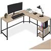 tectake® Scrivania Stile Industriale, Desk, Telaio Acciaio, Salvaspazio, Angoli Smussati, 2Scaffali Laterali, Scrivania Regolabile in Altezza, 138x138x75,5 cm - Industriale Legno Chiaro, Rovere Sonoma